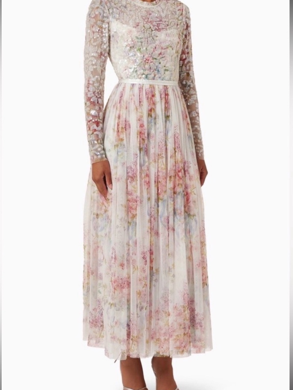 Floral Long Sleeve Pleated Midi Dress - Pink Floral